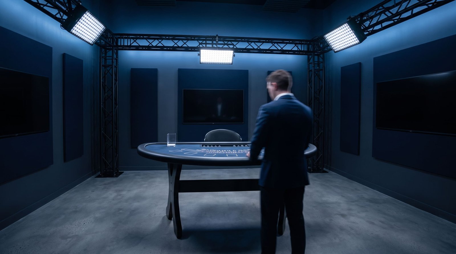 A modern live-dealer studio with an empty blackjack table under broadcast lighting.