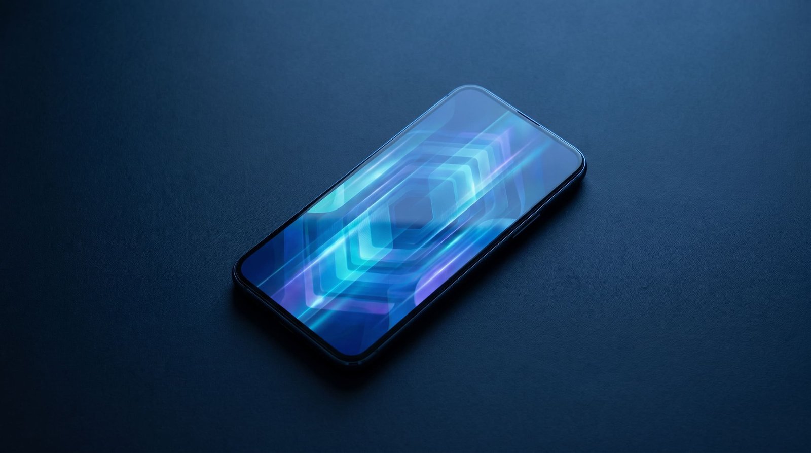 A smartphone on a dark surface showing an abstract glowing blue interface.