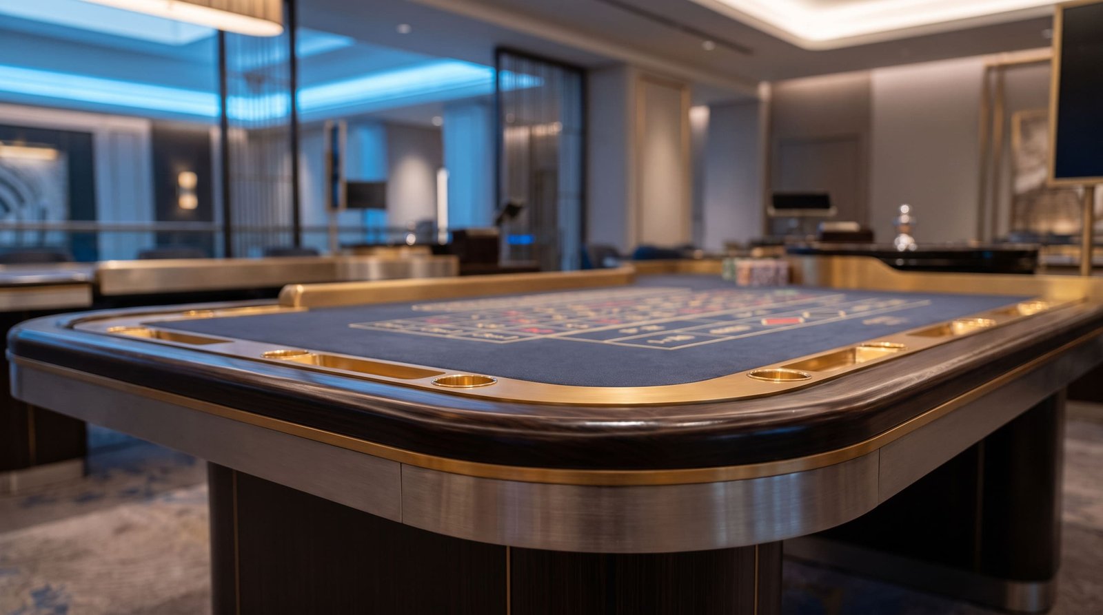 A premium casino table detail in polished wood and brushed metal.