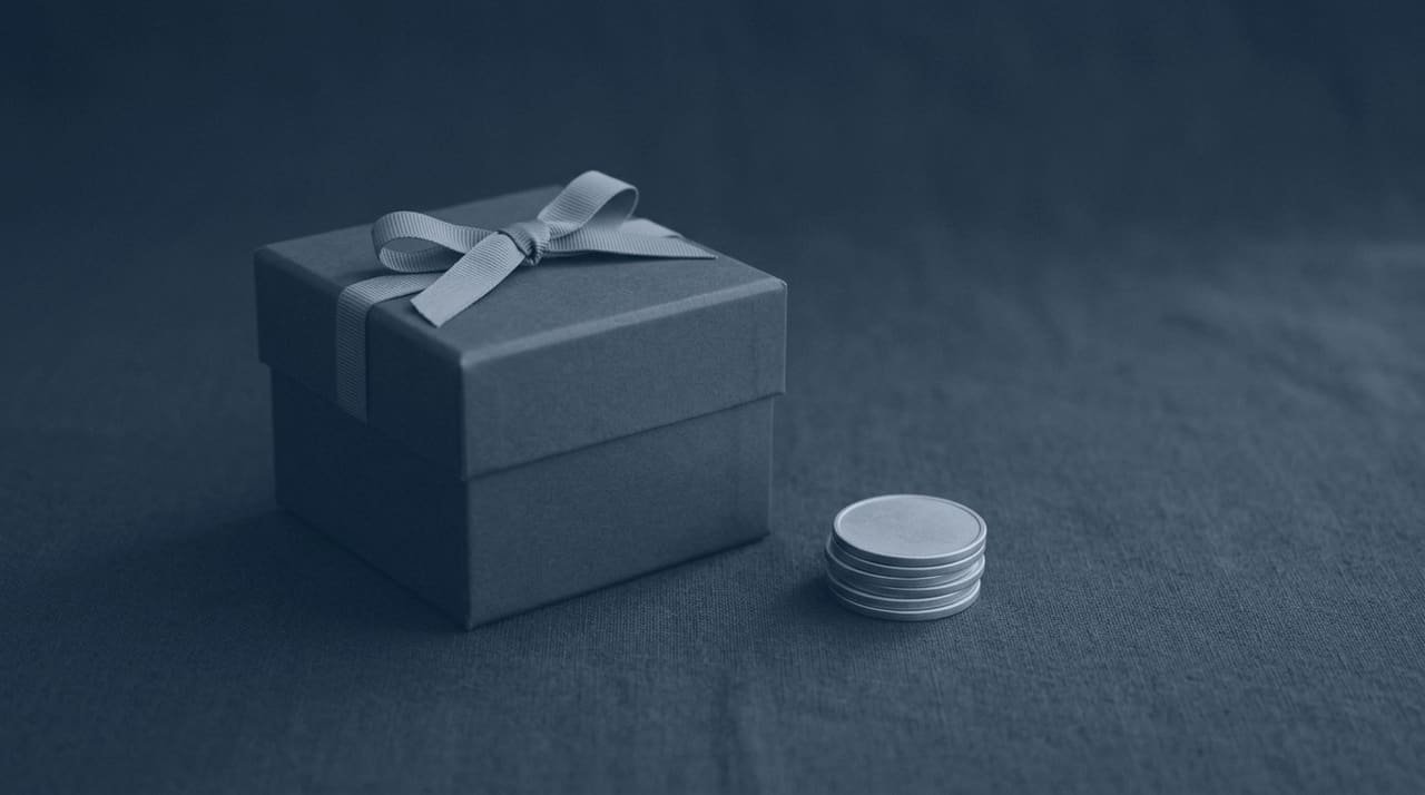 A stack of plain tokens beside a folded card on a dark surface.