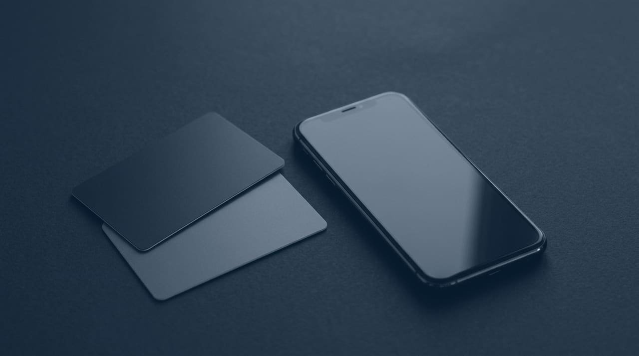 Two blank payment cards fanned beside a smartphone with a dark screen.